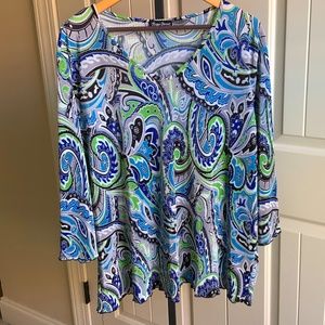 Maggie Barnes Plus Size Blue/Green/Turquoise/Black/Grey Pleated Paisley Top 3x